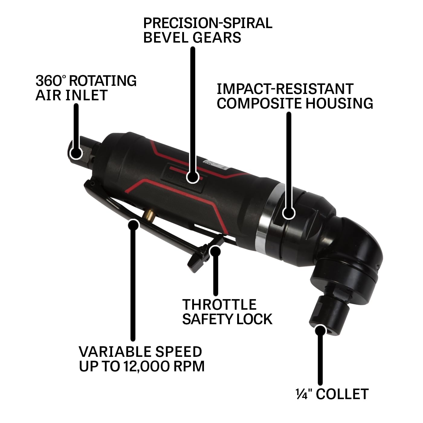 1/4-Inch JET Pneumatic Right-Angle Die Grinder, 12000 RPM (Model JAT-482)