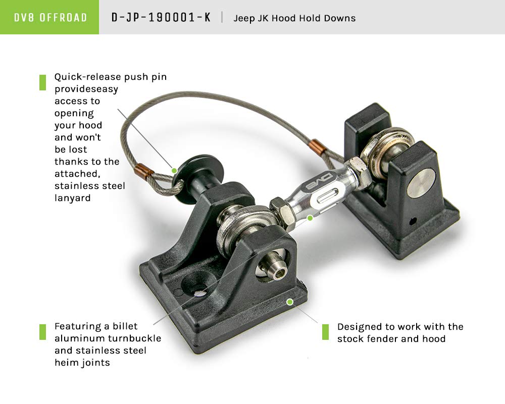 D-JL-190001-K | DV8 Offroad Hood Hold Down Set for 18-25 Wrangler JL & 20-25 Gladiator JT | Non Locking | Quick Release Pin & Adjustable Turnbuckle | Stainless Steel & Billet Aluminum Construction
