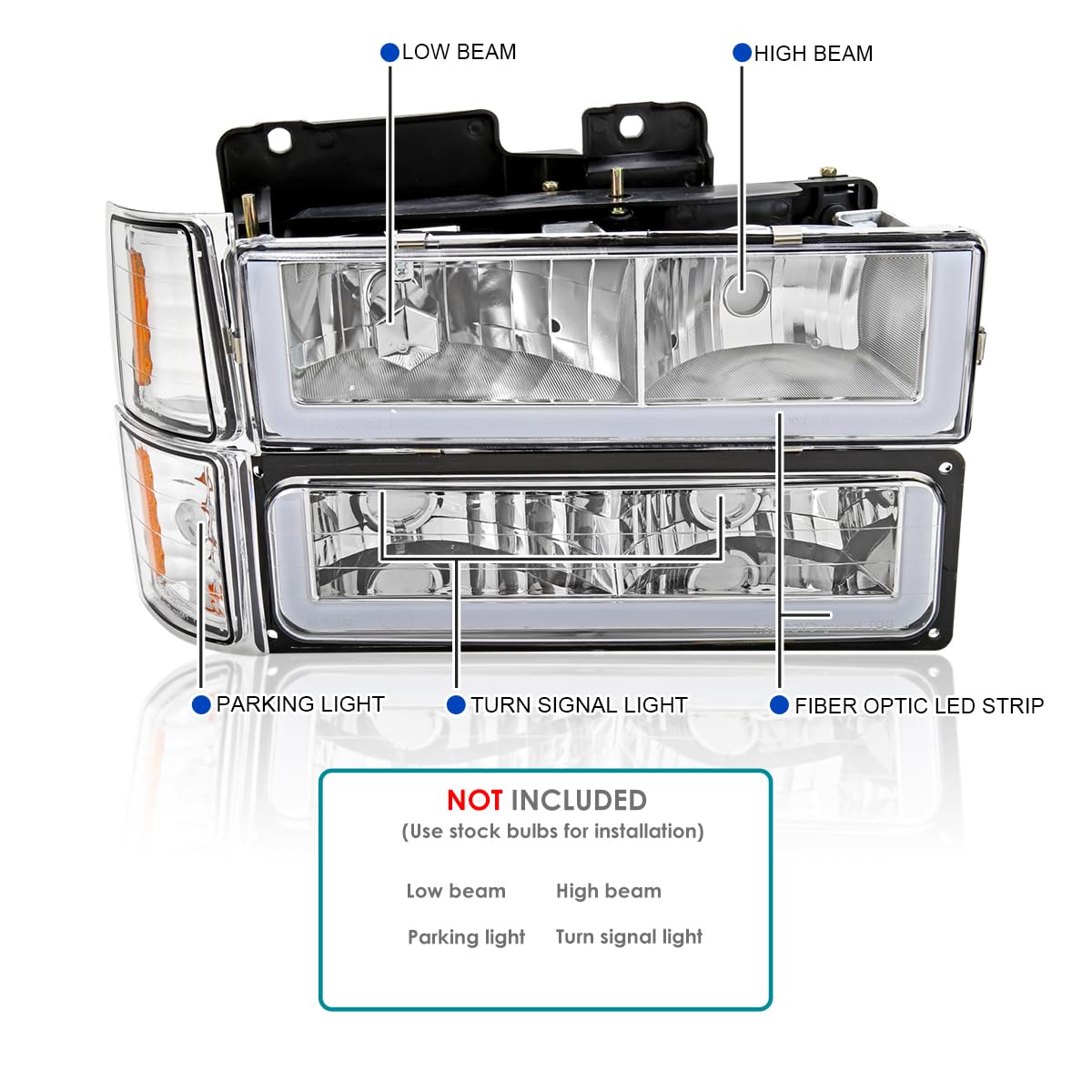 Chrome Headlights + Bumper Lights + Corner Lights w/LED Tube SPEC-D TUNING Compatible with 1994-1998 Chevy C10 C/K 1500/2500/3500, Left + Right Pair Headlamps Assembly