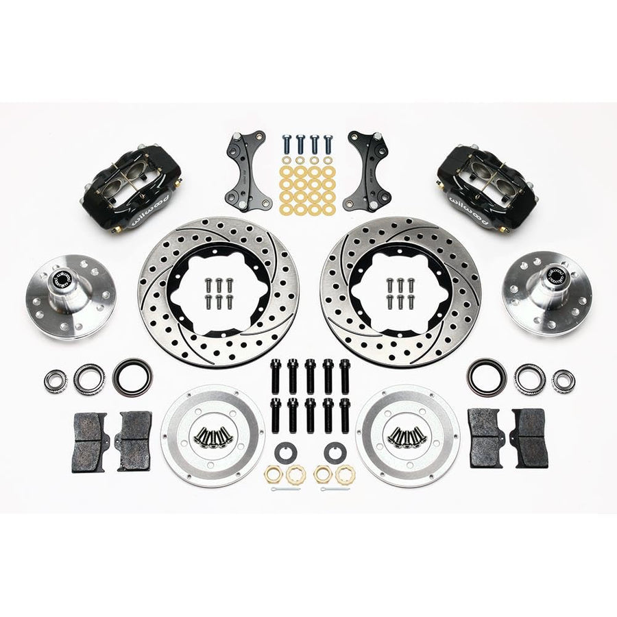 Wilwood Brake System, Front, Dynalite, 4 Piston Caliper, 11.00 in Drilled/Slotted Iron Rotor, Offset, Aluminum, Black Powder Coat, ProSpindle, Kit
