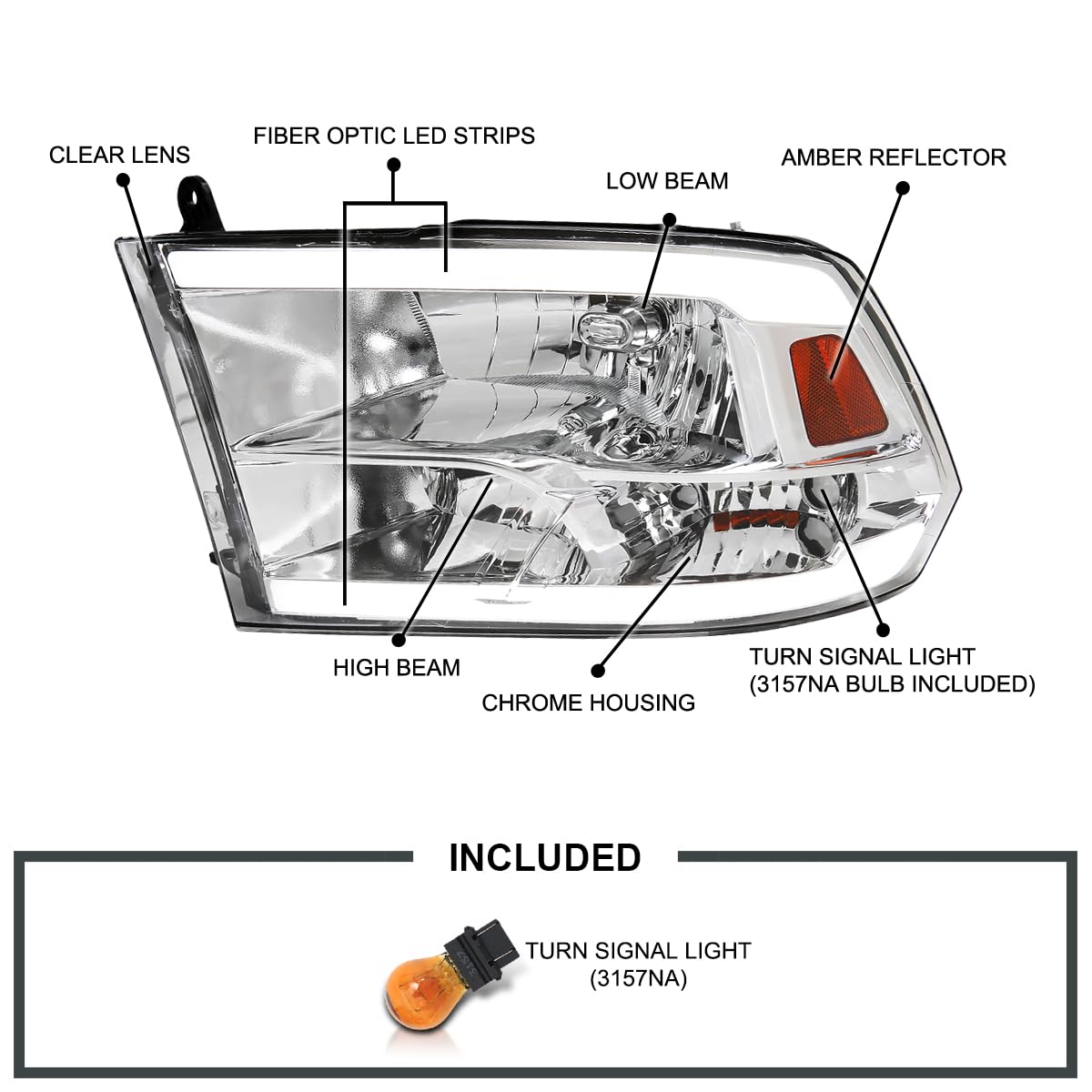 Chrome LED Strip SPEC-D TUNING Quad Style Headlights Compatible with 2009-2018 Dodge Ram 1500 2500 3500 Left + Right Pair Headlamps Assembly