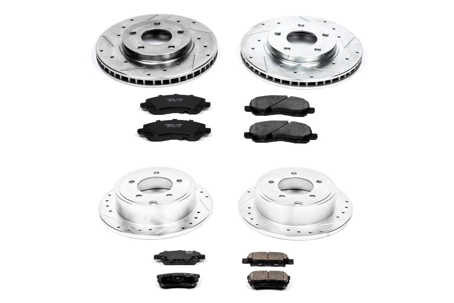 Power Stop K4017 Z23 Carbon Fiber Brake Pads Front and Rear with Drilled & Slotted Brake Rotors Kit For Mitsubishi Lancer 2008-2017 [Model Specific]