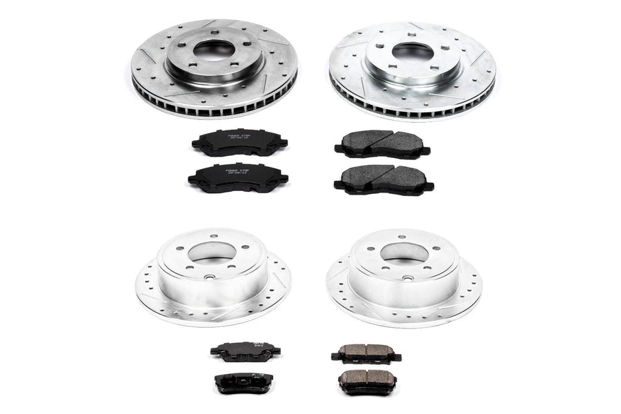 Power Stop K4017 Z23 Carbon Fiber Brake Pads Front and Rear with Drilled & Slotted Brake Rotors Kit For Mitsubishi Lancer 2008-2017 [Model Specific]