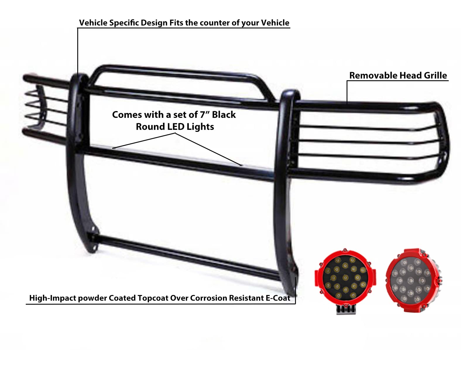 Bumper Guard Modular Black Black Horse Grille brush Come With pair of 7.0"Dia.LED Lights with Red Trim Rings Compatible with 2001-2005 Toyota RAV4-17TH26MA-PLR