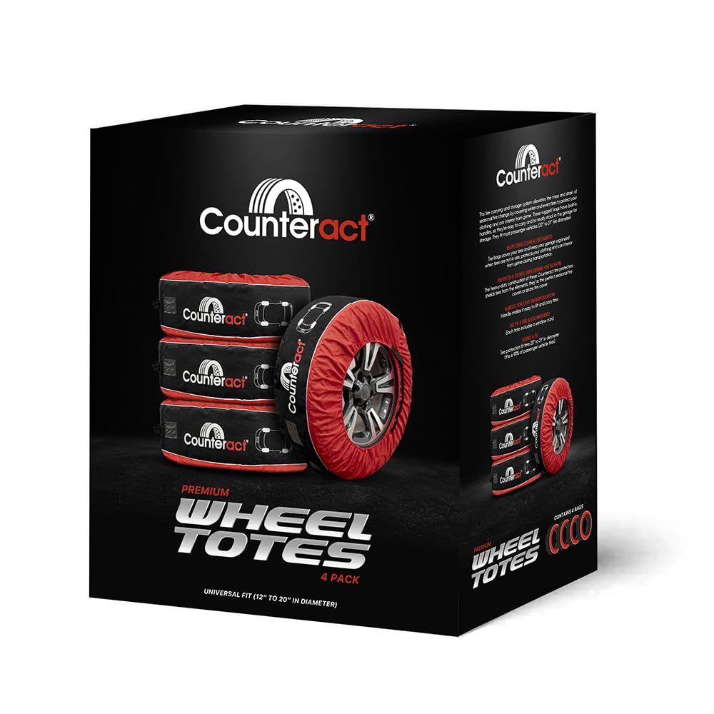 Counteract 4 Pack Tire Cover - Black & Red Oxford Fabric 600D - Size M (12-19") - Ideal RV Tire Covers and Tire Covers for Trailers, Cars, Trucks, SUV - Handlebar, Window Card, Tire Identifying Image