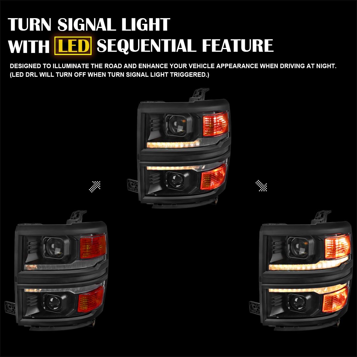 Black w/Black Trim SPEC-D TUNING Projector Headlights w/Sequential Switchback LED Strip and Startup Animation Compatible with 2014-2015 Chevy Silverado 1500, Left + Right Pair Headlamps Assembly