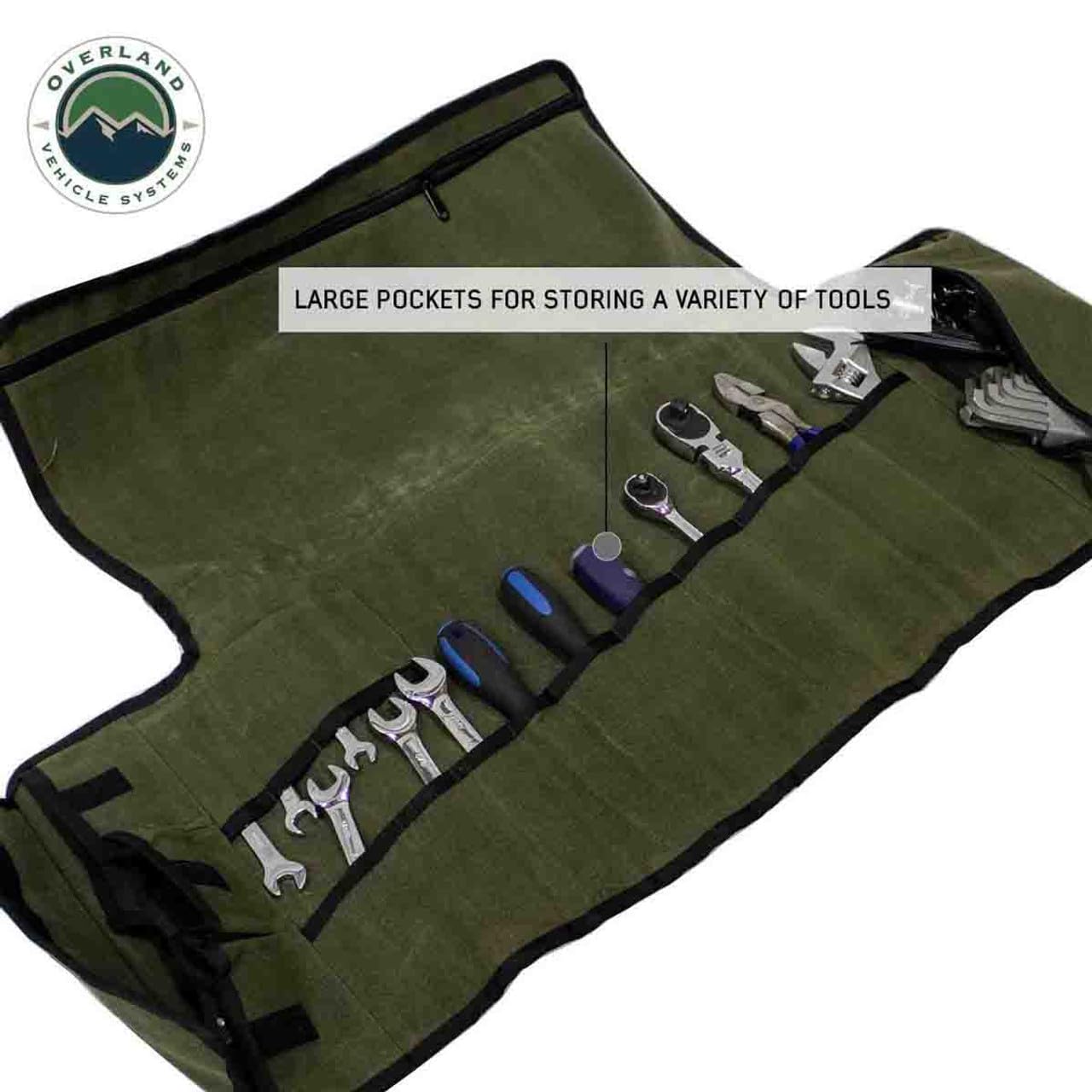Overland Vehicle Systems General Tool Storage Bag Rolled - #16 Military Style Waxed Canvas - 19 Storage Pockets - Infused with Paraffin Wax Waterproofing