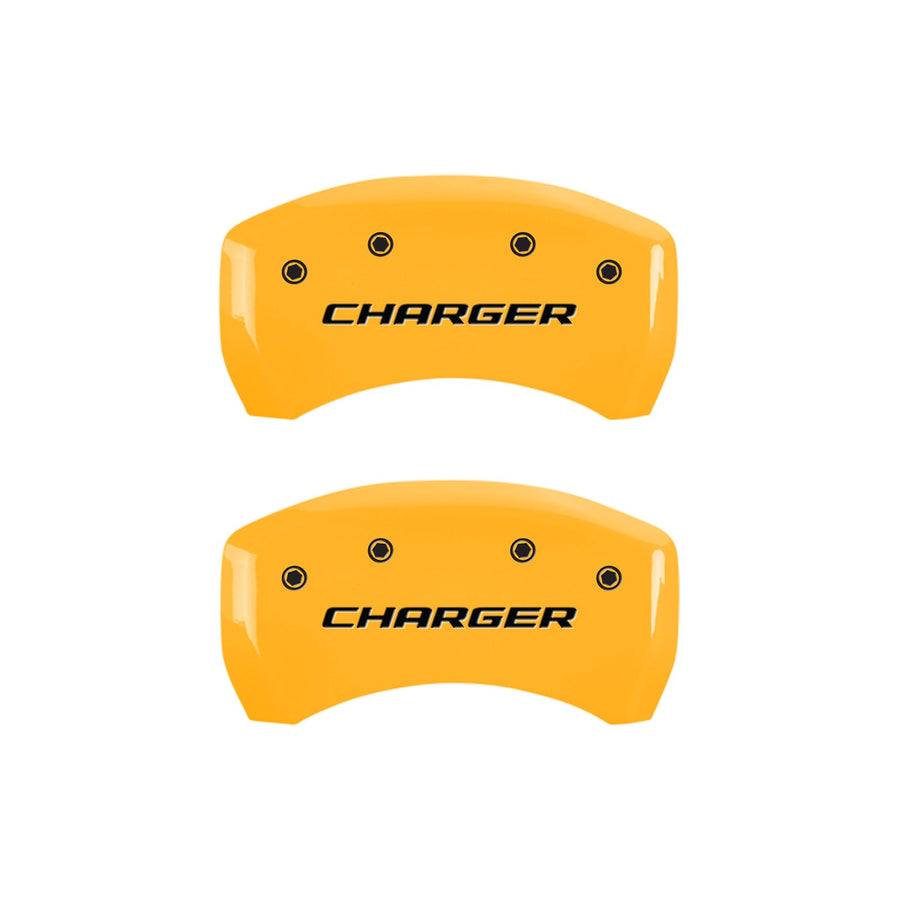 Caliper Covers MGP 12162SCHBYL Yellow (Set of 4, Engraved Front and Rear: Block/Charger; Dual Piston Front Calipers