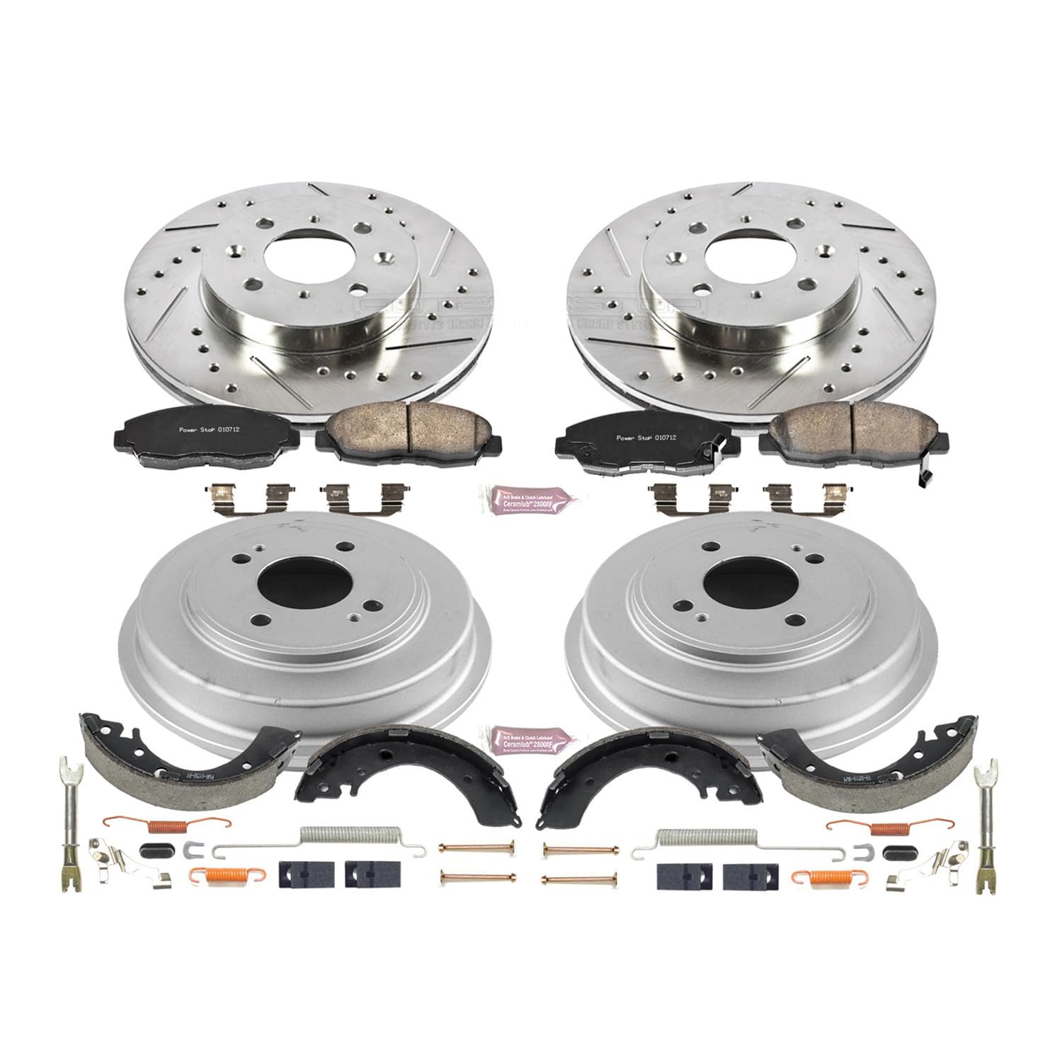 Power Stop K15087DK Z23 Carbon Fiber Brake Pads Front and Rear with Drilled & Slotted Brake Drums Kit For Honda Civic 2001-2005 [Model Specific]