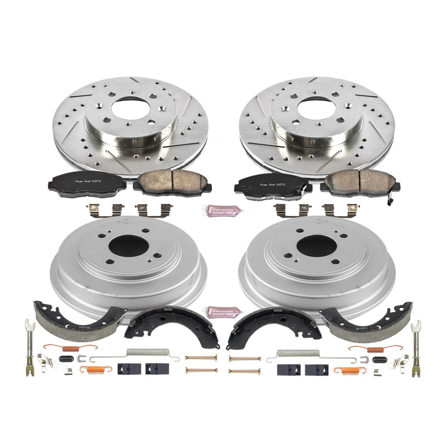 Power Stop K15087DK Z23 Carbon Fiber Brake Pads Front and Rear with Drilled & Slotted Brake Drums Kit For Honda Civic 2001-2005 [Model Specific]