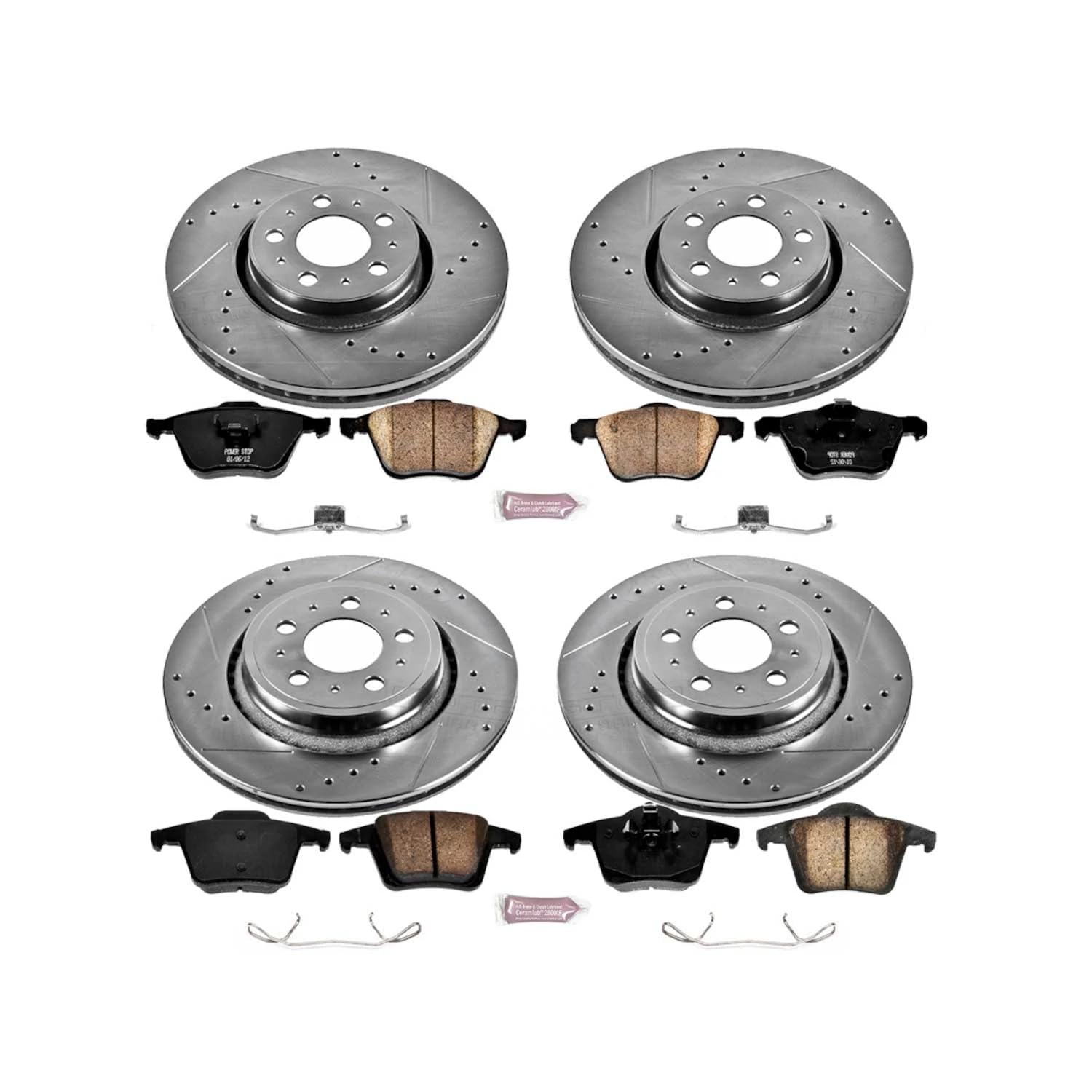 Power Stop K2835 Z23 Carbon Fiber Brake Pads Front and Rear with Drilled & Slotted Brake Rotors Kit For Volvo XC90 2003-2014 [Model Specific]