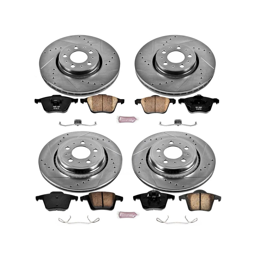 Power Stop K2835 Z23 Carbon Fiber Brake Pads Front and Rear with Drilled & Slotted Brake Rotors Kit For Volvo XC90 2003-2014 [Model Specific]