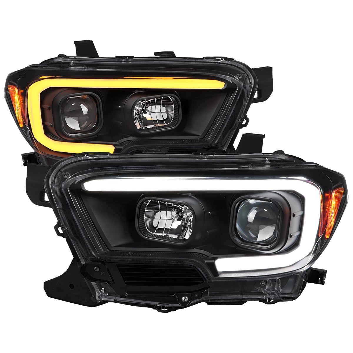 Black Projector Headlights SPEC-D TUNING w/Switchback LED Tube Signal Compatible with 2016-2023 Toyota Tacoma, Left + Right Pair Headlamp Assembly
