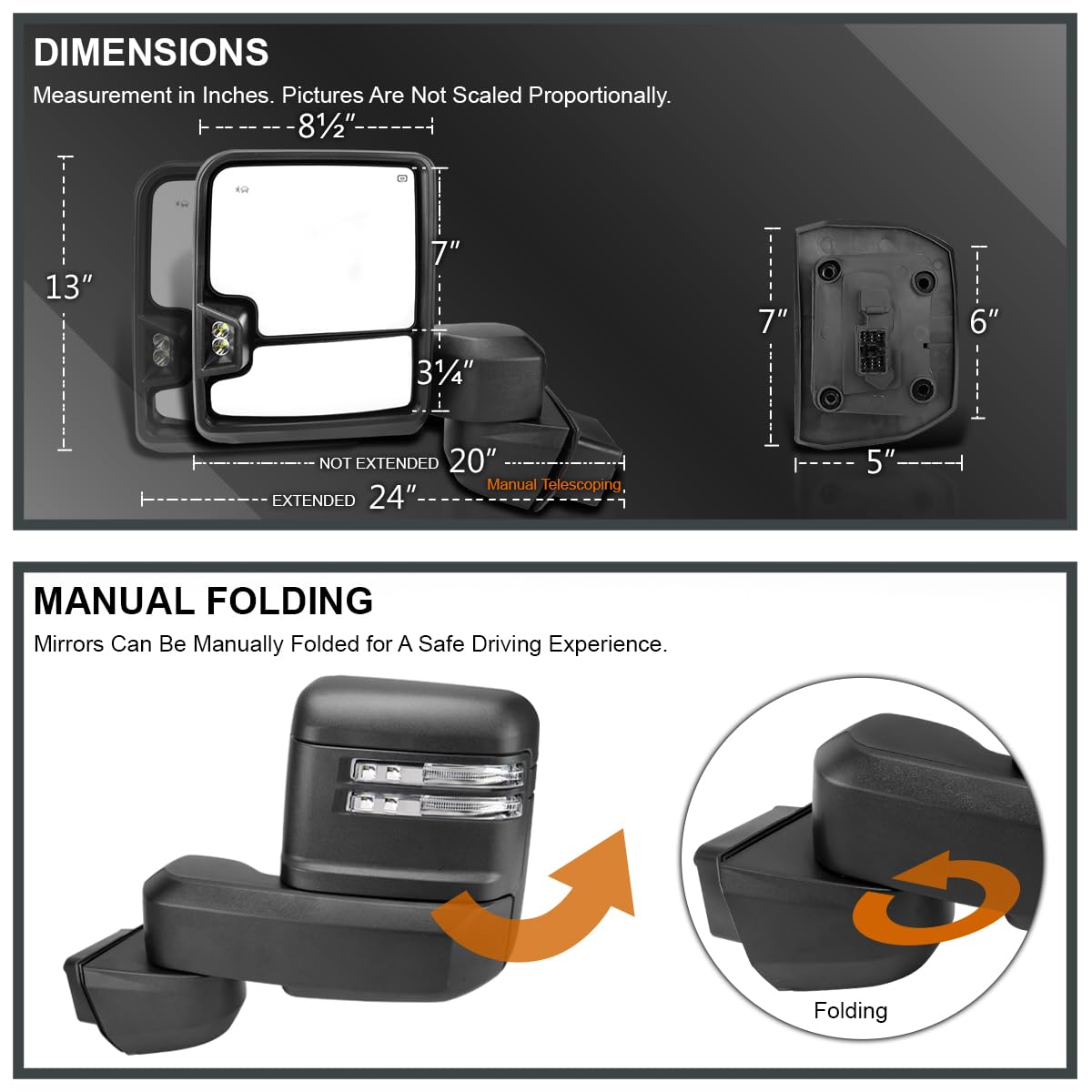Power Spec-D Tuning Black Heated Towing Mirrors w/LED Signal, Temperature Sensor Compatible with 2020-2025 Chevy Silverado, GMC Sierra 2500HD 3500HD, Left + Right Pair