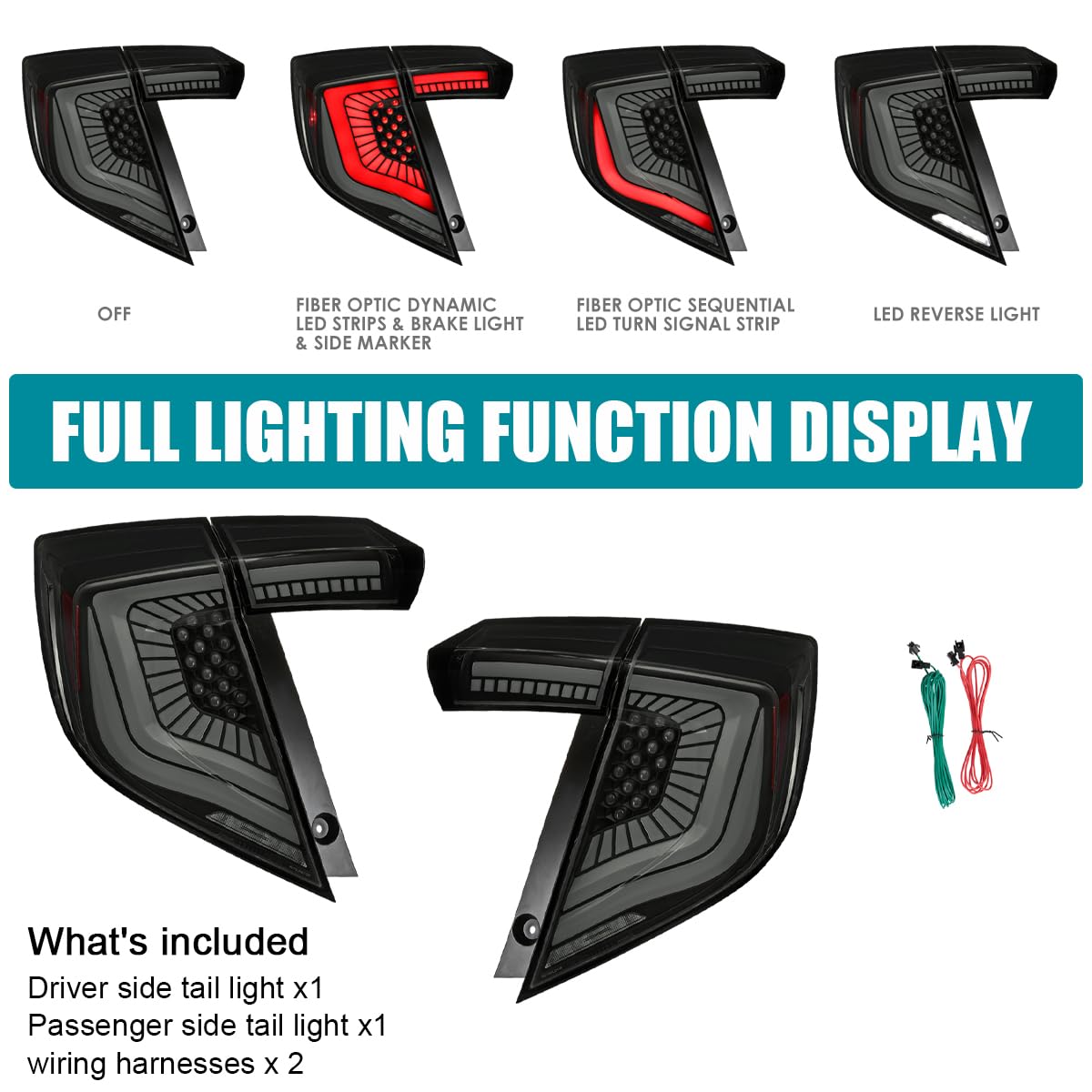 Black Smoke LED Tail Lights SPEC-D TUNING w/LED Sequential Turn Signals and Startup Animation Compatible with 2017-2021 Honda Civic Hatchback, Left + Right Pair Headlamp Assembly