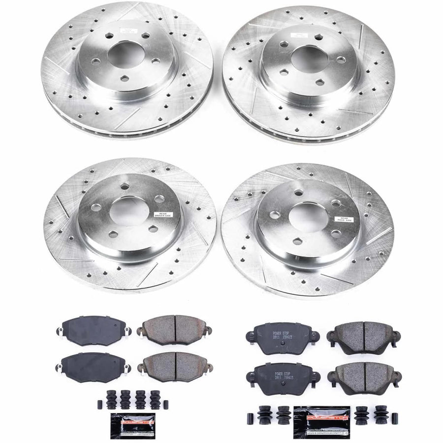 Power Stop K1375 Z23 Carbon Fiber Brake Pads Front and Rear with Drilled & Slotted Brake Rotors Kit For Jaguar X-Type 2002-2005 [Model Specific]