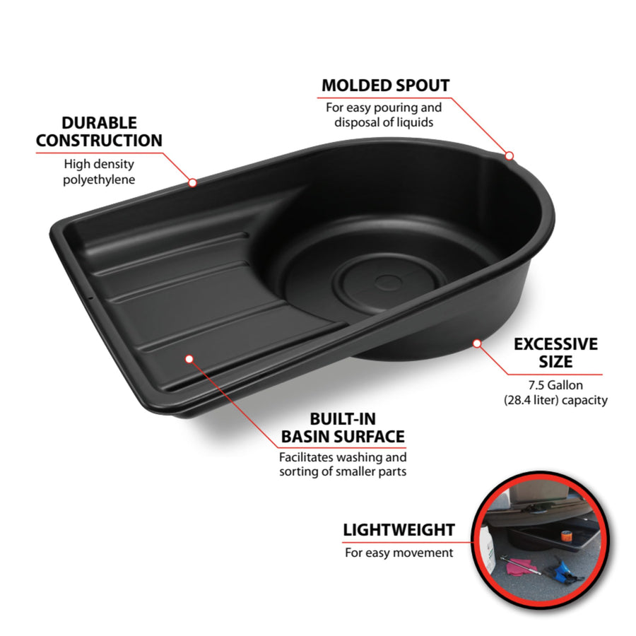 Extra Large Performance Tool W4072 Black Portable 7.5 Gallon Oil Drain Pan, (28.4 L)