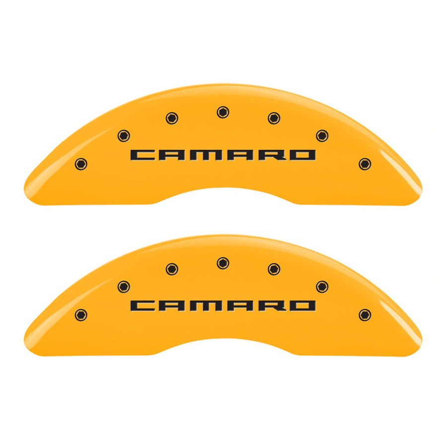 Caliper Covers MGP 14011SZ85YL, Set of 4 (Yellow Engraved Front: Gen 5/Camaro - Engraved Rear: Gen 5/Z28 Powder Coat Finish Black Characters)
