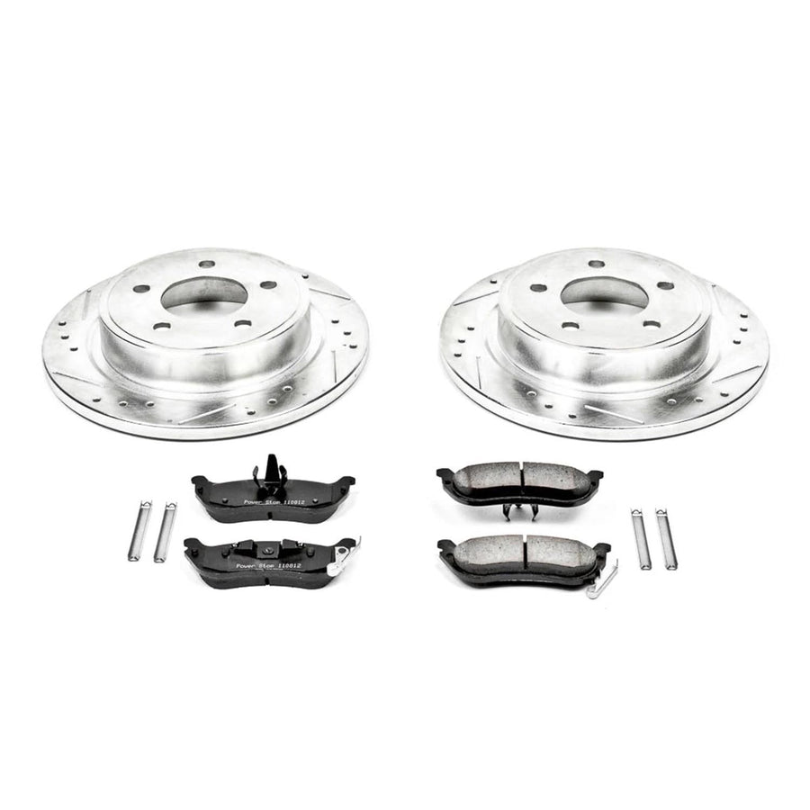 Rear Power Stop K3020 Z23 Carbon Fiber Brake Pads with Drilled & Slotted Brake Rotors Kit For Chrysler Pacifica 2004-2008 [Model Specific]