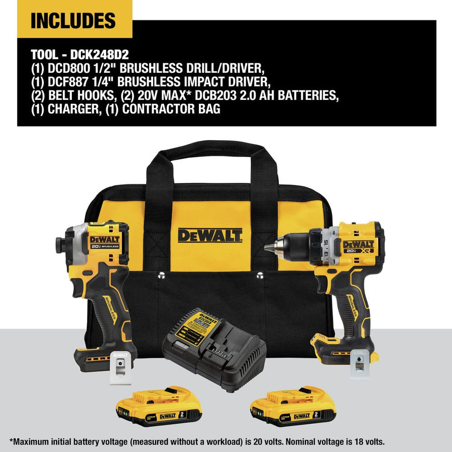 20V MAX* DEWALT XR Cordless 1/2 in. Drill/Driver and 1/4 in. Impact Driver Kit with (2) 2Ah Batteries & Charger (DCK248D2)