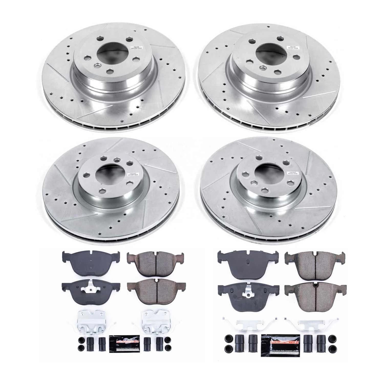 Power Stop K6060 Z23 Carbon Fiber Brake Pads Front and Rear with Drilled & Slotted Brake Rotors Kit and 1 Front & 1 Rear Sensor Wires For BMW X5 2007-2010, BMW X6 2008 [Model Specific]