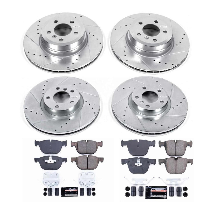 Power Stop K6060 Z23 Carbon Fiber Brake Pads Front and Rear with Drilled & Slotted Brake Rotors Kit and 1 Front & 1 Rear Sensor Wires For BMW X5 2007-2010, BMW X6 2008 [Model Specific]