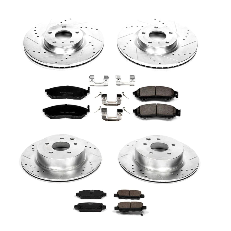 Power Stop K114 Brake Pads Front and Rear Z23 Carbon Fiber with Drilled and Slotted Brake Rotors Kit For Infiniti EX35 G25X G35 G37X G37 M35 M45 Nissan 350Z 370Z