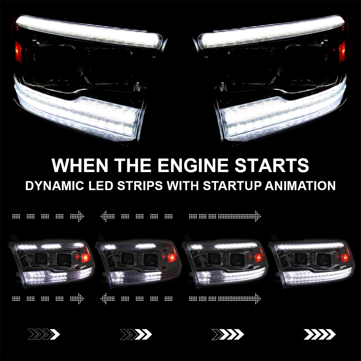 Chrome Projector Headlights SPEC-D TUNING w/Sequential Switchback LED Signal and Startup Animation Compatible with 2009-2018 Dodge Ram, 2019 Ram Classic, Left + Right Pair Headlamps Assembly