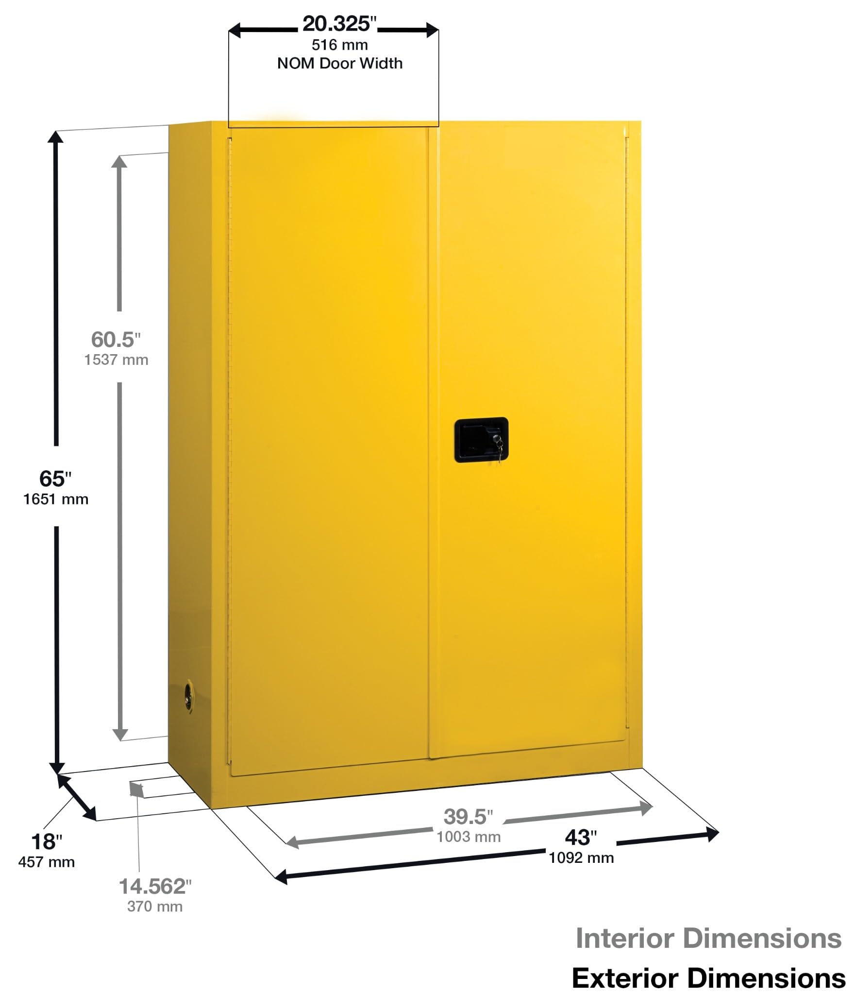 Justrite 60 Gallon Paint and Ink Manual Close Safety Cabinet, 18 Gauge Steel, 5 Shelves, 43" x 65" x 18", 2 Door Combustibles Cabinet, Made in The USA, Yellow, 894510