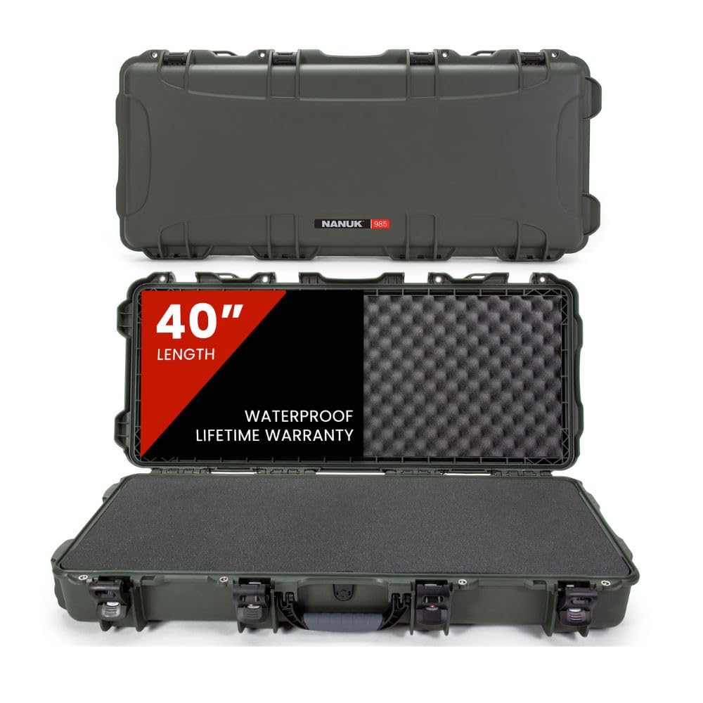 NANUK Hard Case 985 40” with Wheels & Customizable Foam Insert, IP67 Waterproof & Crushproof, Rugged Construction for Ultimate Protection, Made in North America – Olive (39.7” x 17.3” x 6.6”)