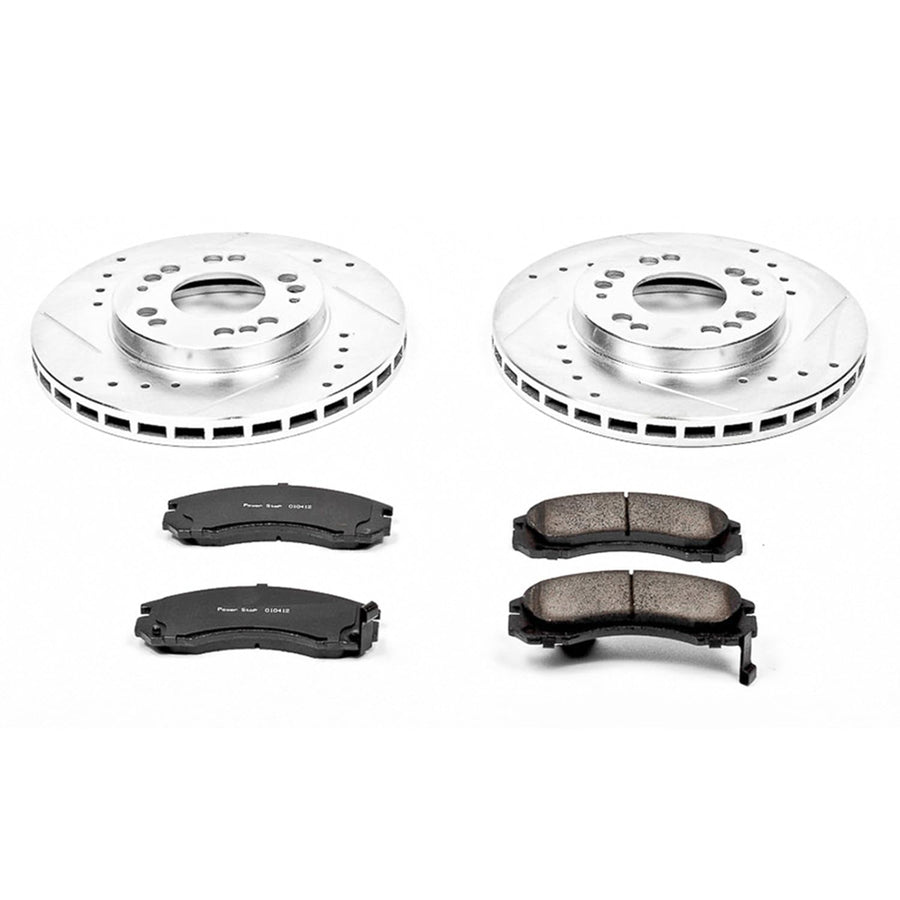 Power Stop K798 Front Brake Pads Z23 Carbon Fiber with Drilled & Slotted Brake Rotors Kit For Stealth, Eagle Talon, 3000GT, Diamante, Eclipse, Galant, Plymouth Laser [Model Specific]