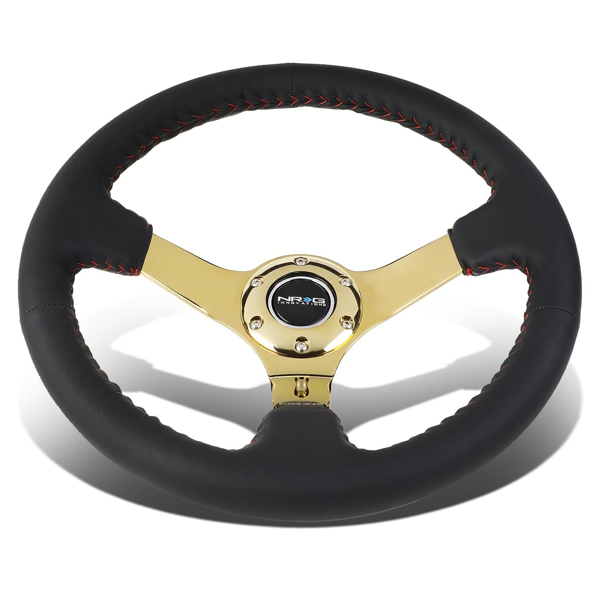 NRG Innovations Reinforced NRG-RST-036GD Steering Wheel - 350mm Sport Steering Wheel (3' deep) Black Leather with Red Baseball Stitching - Chrome Gold Spoke