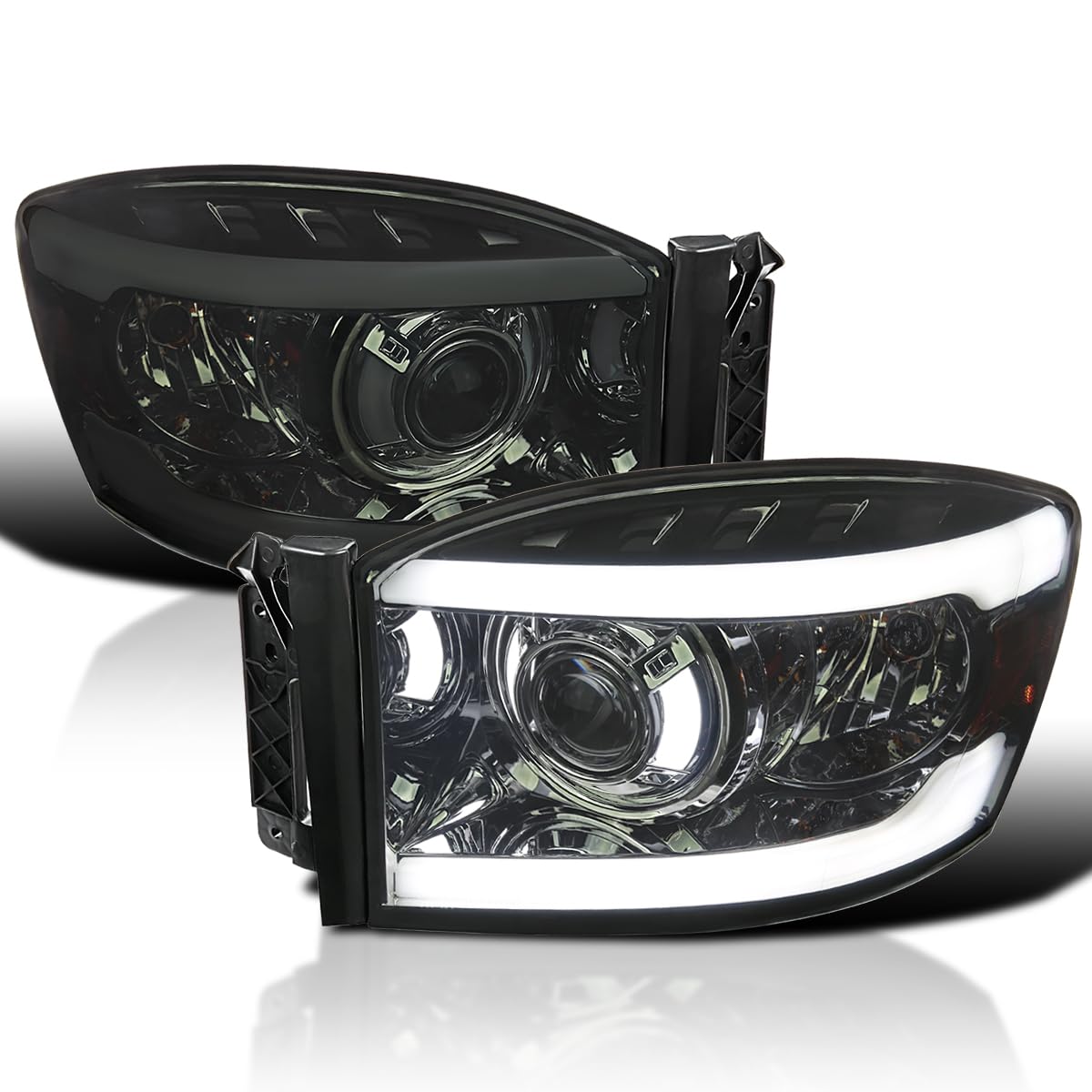 Smoke LED Tube Projector Headlights SPEC-D TUNING Compatible with 2006-2008 Dodge Ram 1500 2500 3500, Left + Right Pair Headlamps Assembly