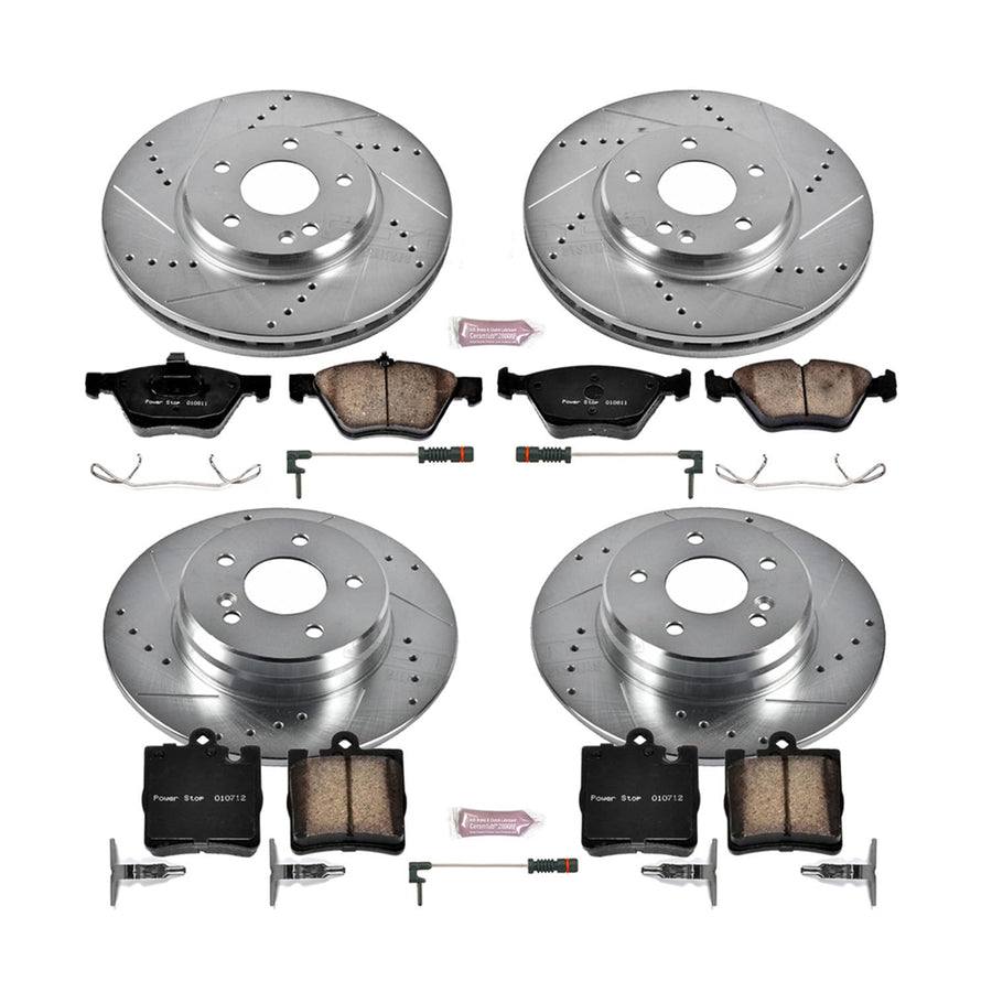 Power Stop K6700 Z23 Carbon Fiber Brake Pads Front and Rear with Drilled & Slotted Brake Rotors Kit and 2 Front & 1 Rear Sensor Wires For Mercedes-Benz CLK430 2000-2003 [Model Specific]