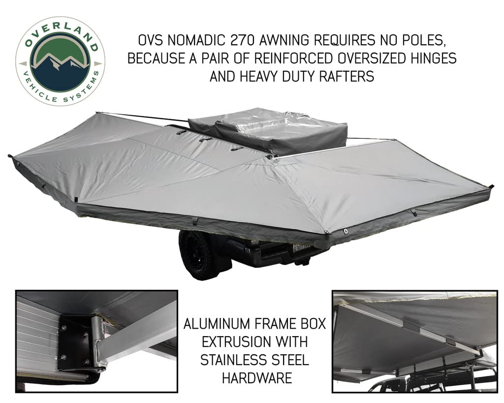 Overland Vehicle Systems Nomadic HD Awning 270 Driver Side - Dark Gray Cover with 1000G PVC Black Travel Cover Universal Fitment - Mounting Brackets Included