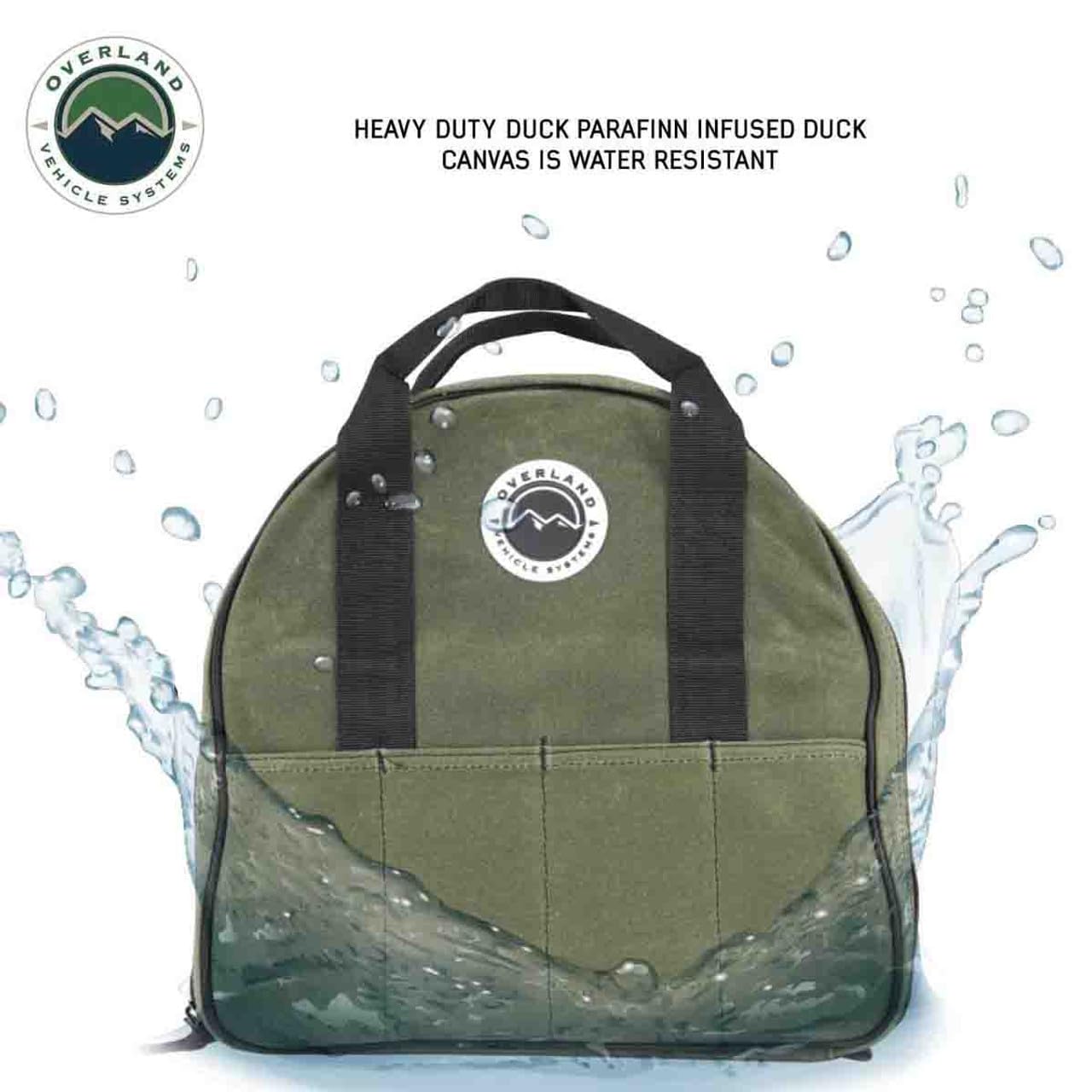 Jumper Cable Storage Bag Overland Vehicle Systems - #16 Waxed Canvas - Infused with Paraffin Wax Waterproofing - 7 Outside Tool Pockets, 3 Internal Tool Pockets, Two Heavy Duty Velcro Straps