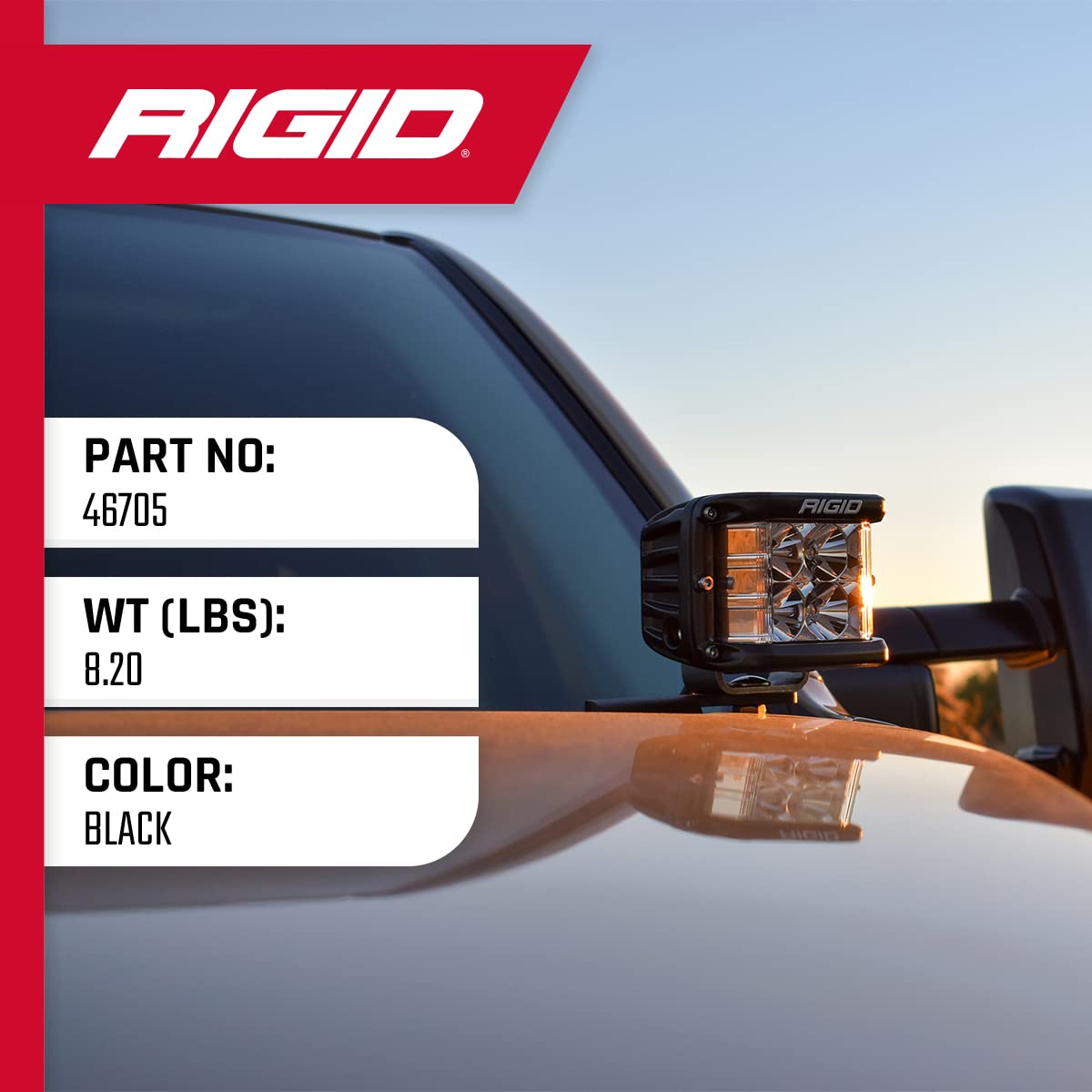 A-Pillar Light Kit RIGID INDUSTRIES, Fits the 2014 – 2020 Toyota Tundra (2 A-Pillar Mounting Brackets, 2 D-SS PRO Series Flood Lights, 2 Black Light Covers, 2 Amber Light Covers, 1 Wiring Harness)