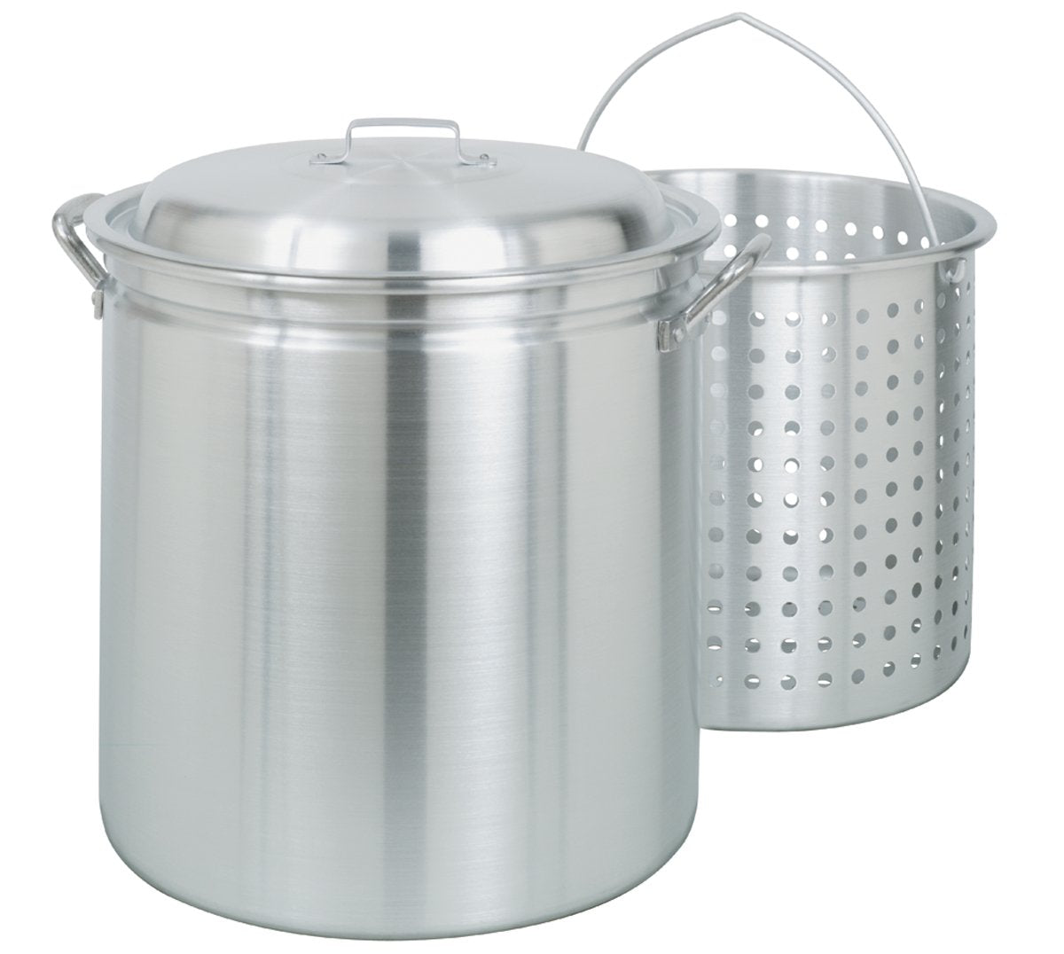 34-qt Bayou Classic Aluminum Stockpot w/Basket Features Domed Vented Lid Heavy Riveted Handles Perforated Aluminum Basket Perfect For Boiling Steaming and Canning Handcrafted Desig
