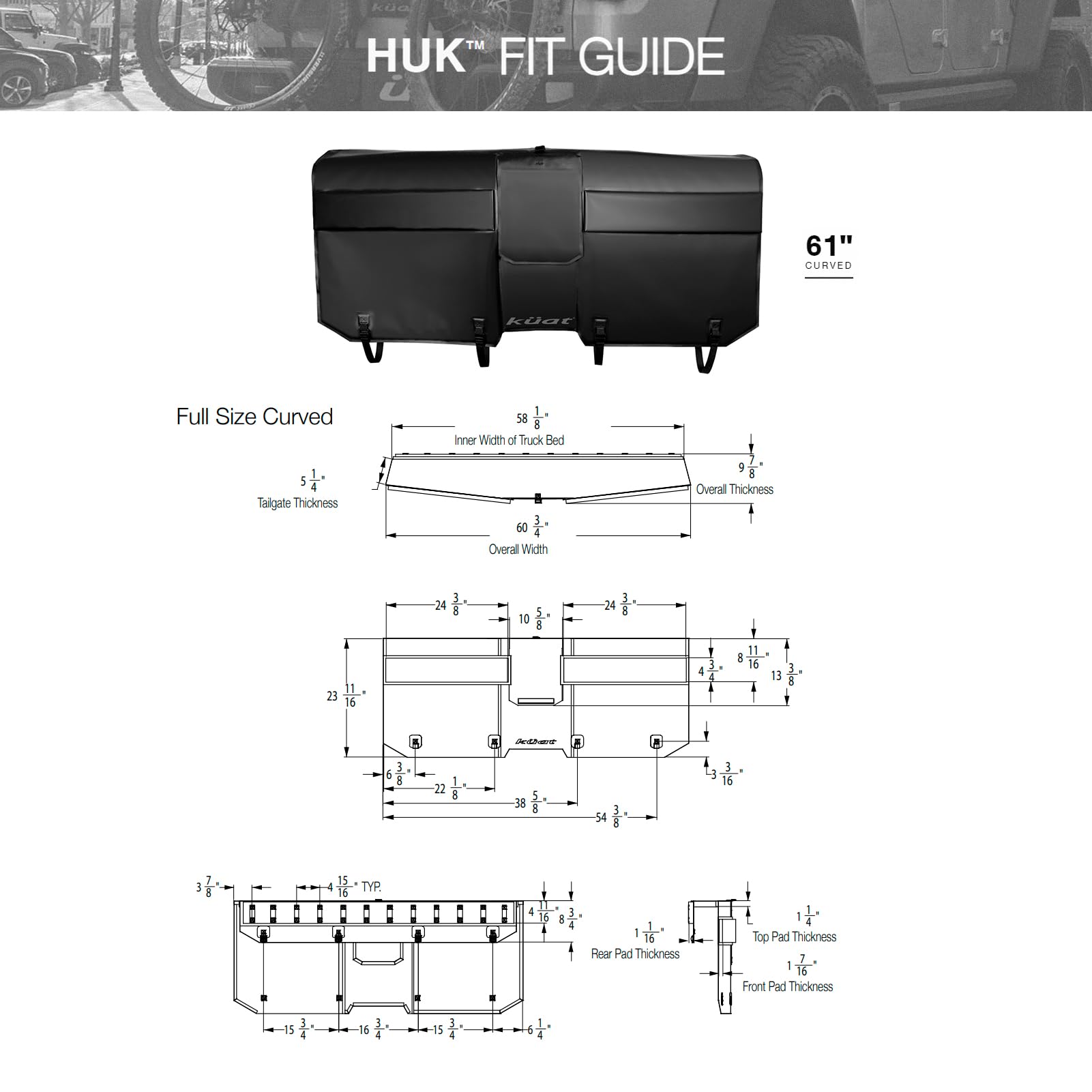 Curved KUAT HUK 61" Durable Soft-Touch TPU Padded Pickup Truck Tailgate Bike Hauling Transportation Easy-Access Protective Pad w/Nylon Straps, Metal G-Hook Buckles & Roll-Up Window, Black