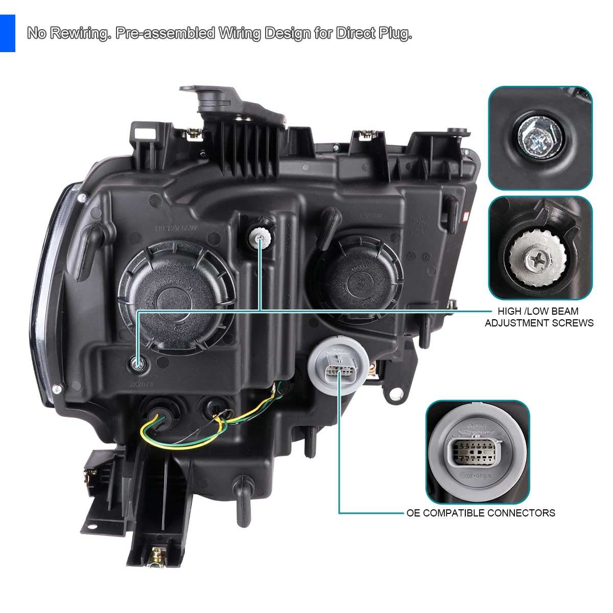 Chrome Projector Headlights w/LED Bar SPEC-D TUNING Compatible with 2019-2024 Dodge Ram 2500, 3500, 4500, Left + Right Pair Headlamps Assembly