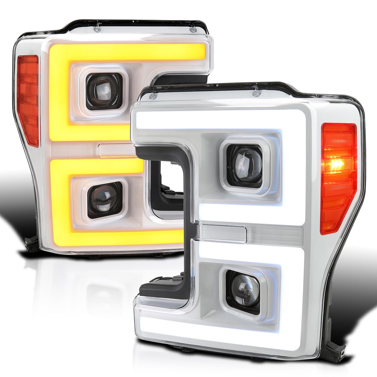 Special Edition SPEC-D TUNING Arctic White Projector Headlights w/LED Sequential Turn Signal Switchback Compatible with 2017-2019 Ford F-250/F-350/F-450/F-550 Super Duty, Left + Right Pair Assembly