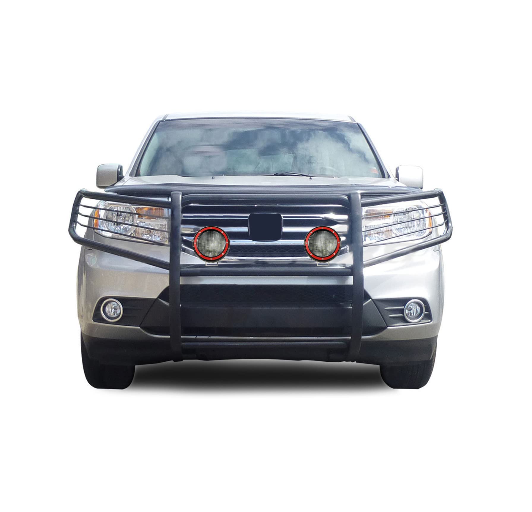 Bumper Guard Black Horse Grille Brush Modular Black Come with Pair of 5.3" Dia.LED Lights with Red Trim Rings Compatible with 2009-2015 Honda Pilot-17H151400MA-PLFR