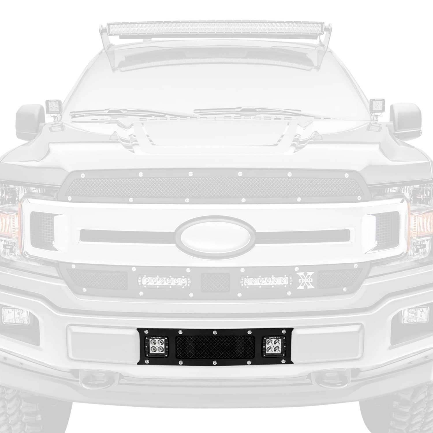 T-Rex Grilles Torch Bumper Grille 2018-2020 F-150 Limited, Lariat, Black, 1 Pc, Replacement, Chrome Studs with (2) 3 Inch LED Cube Lights - PN #6325791
