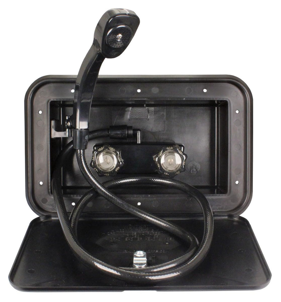 B&B Molders, Exterior Shower Box 94196 – Black, Self-Contained RV Hatch with Leak-Resistant Curved Shower Head, UV-Stable Acrylonitrile, OEM Replacement – Made in USA