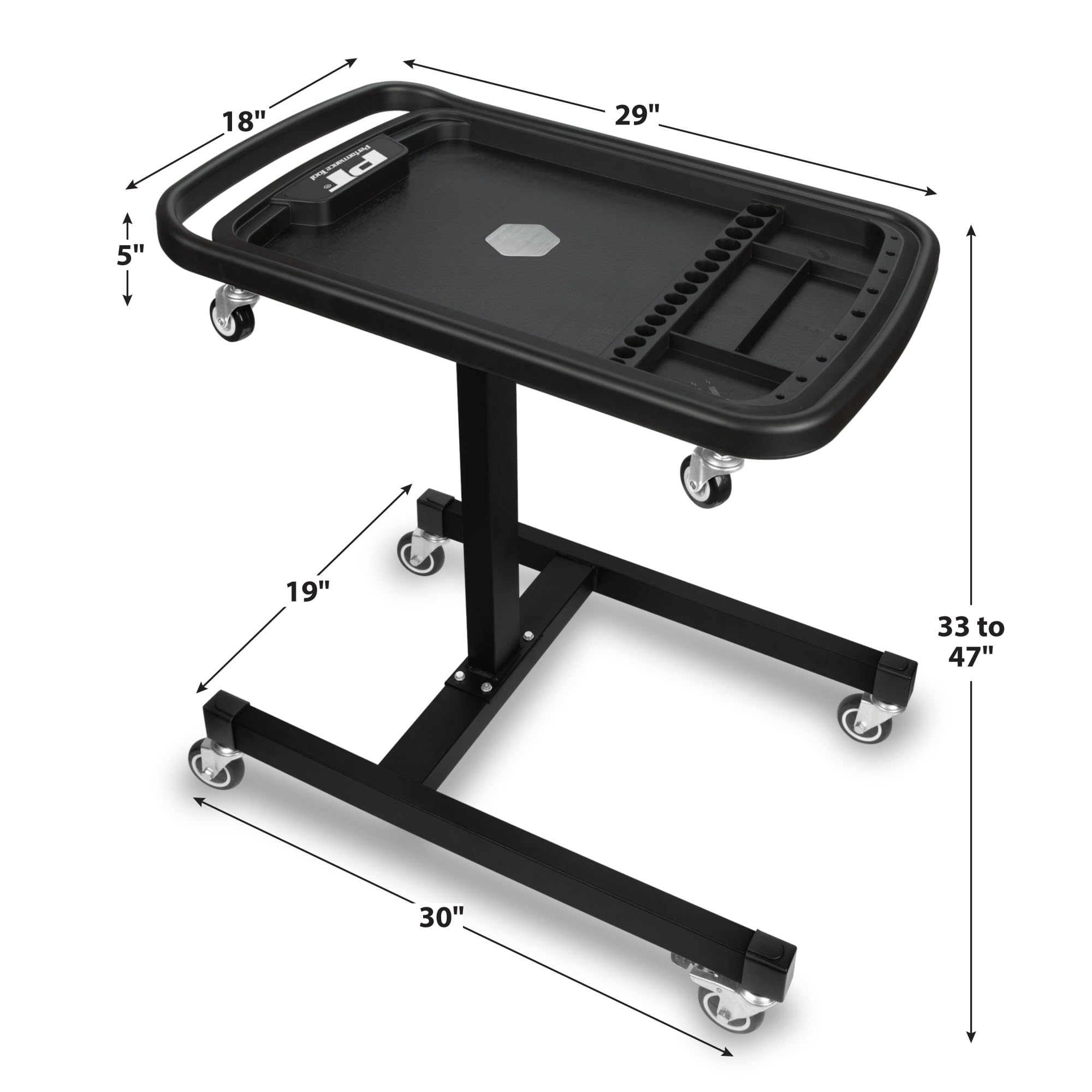 W85039 Performance Tool 2-in-1 Adjustable Mobile Tool Table - Swivel Casters, Removable Magnetic Tool Tray, Steel, Black
