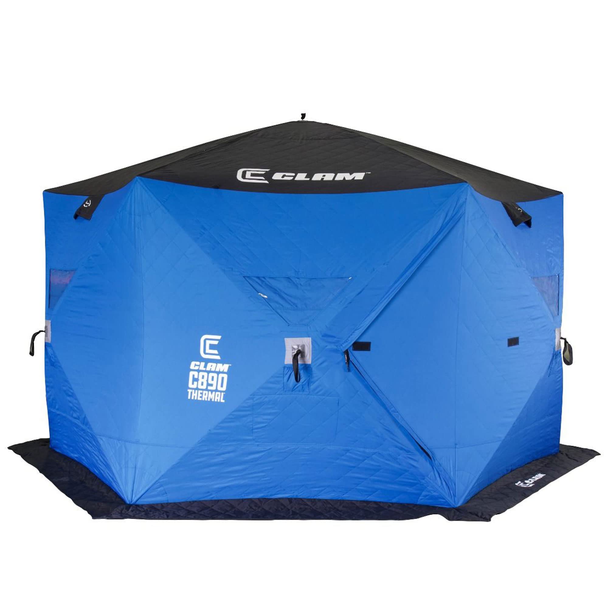Portable CLAM C-890 Ice Fishing Tent - 11.5x11.5 ft Thermal Hub Shelter with Easy Setup Anchors, Durable Tie Ropes & Carry Bag