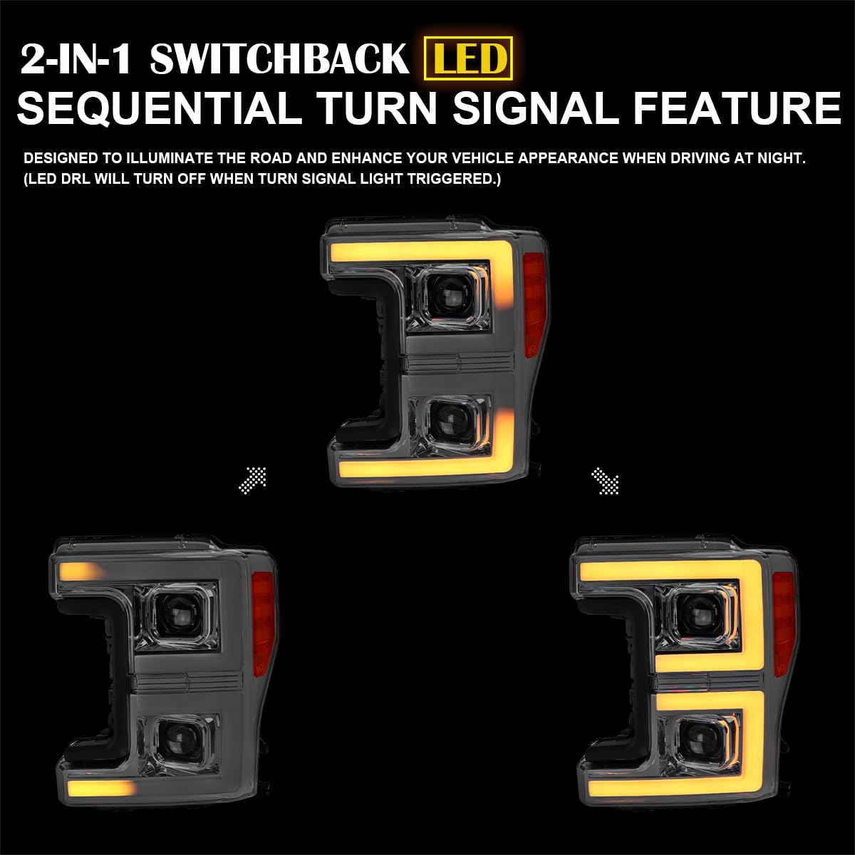 Chrome Projector Headlights SPEC-D TUNING w/LED Sequential Turn Signal Switchback Compatible with 2017-2019 Ford F-250, F-350, F-450, F-550 Super Duty, Left + Right Pair Headlamps Assembly