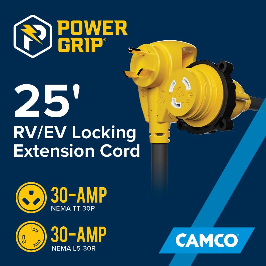 Power Grip Camco 25-Ft 30 Amp RV Extension Cord w/Locking End - Rated for 125V / 3,750W - Features Threaded Locking Ring for Weatherproof Connection & RV Power Cord 90° Head (55501)