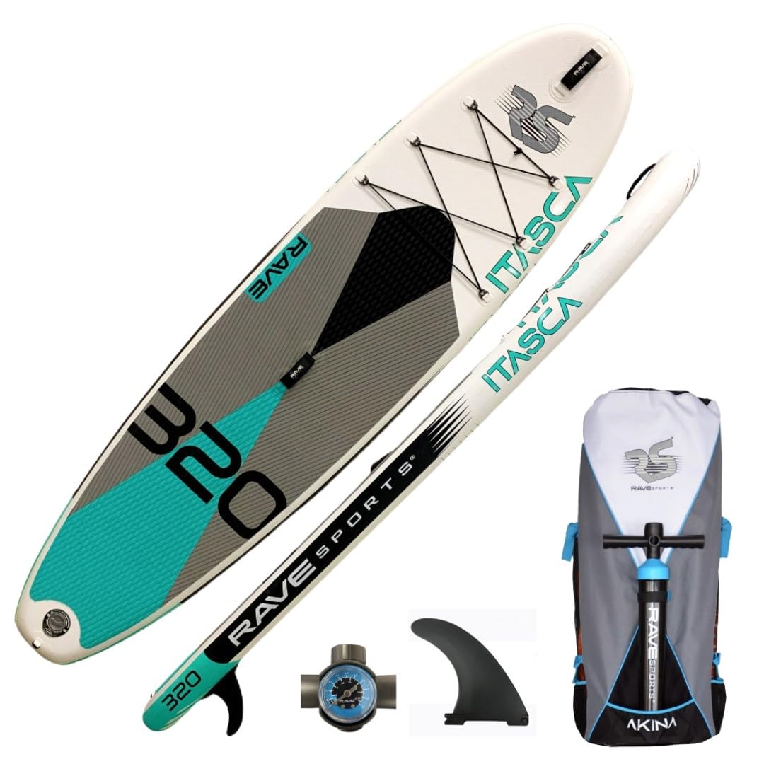 Inflatable Stand Up Paddle Board RAVE Sports, Itasca Quarry Blue, 10'6" x 32" x 6", Durable Materials, Non-Slip Comfort Deck, Designed for Adults & Youth, Performance SUP, High Pressure Hand Pump