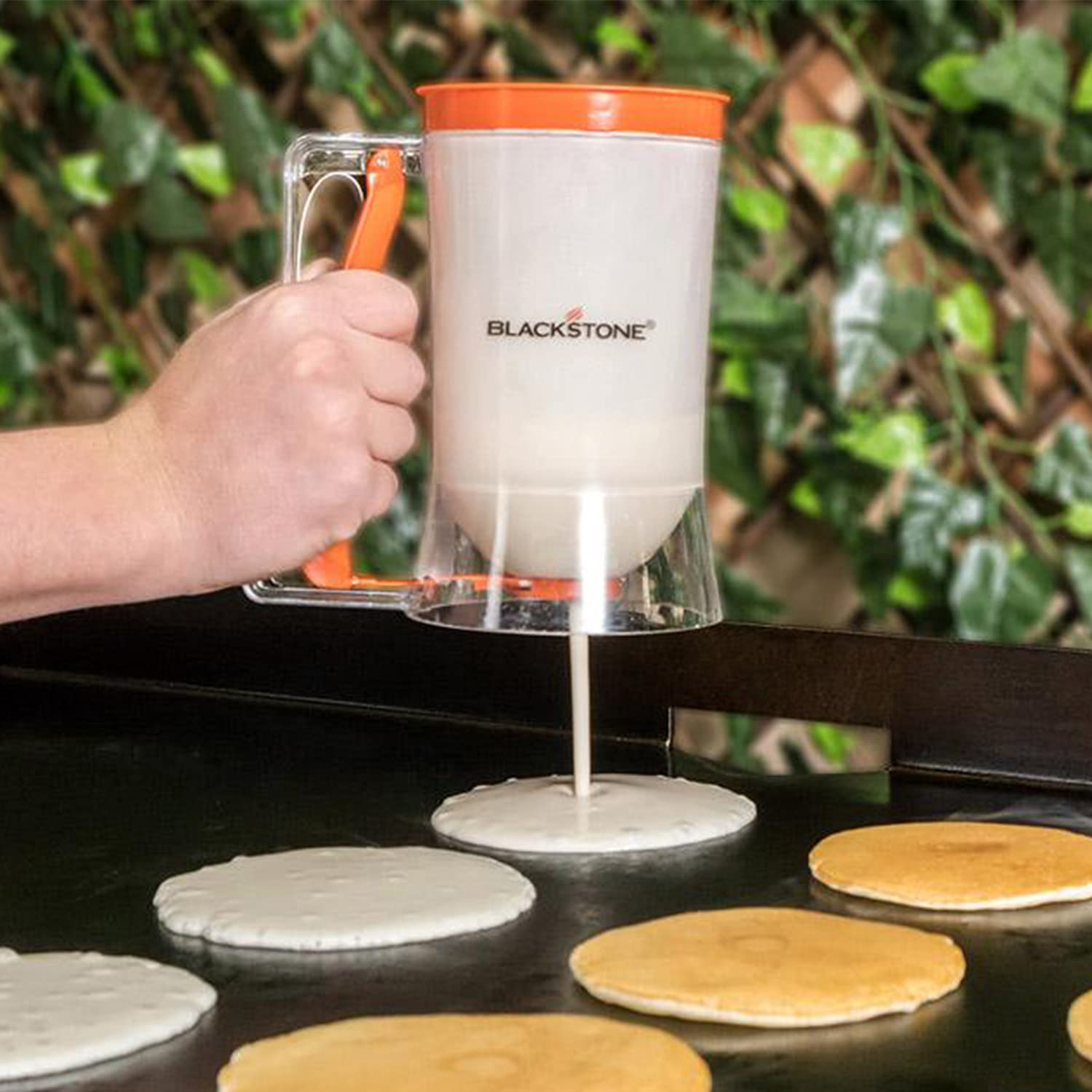 Outdoor Griddle Blackstone 1543 Breakfast Preparation Kit with Pancake Batter Dispenser, Cast Iron Bacon Press, and 2 Non Stick Steel Egg Rings
